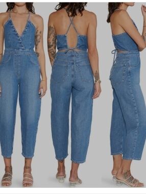ETICA Birdie Chambray Halter Jumpsuit In River Rock XS